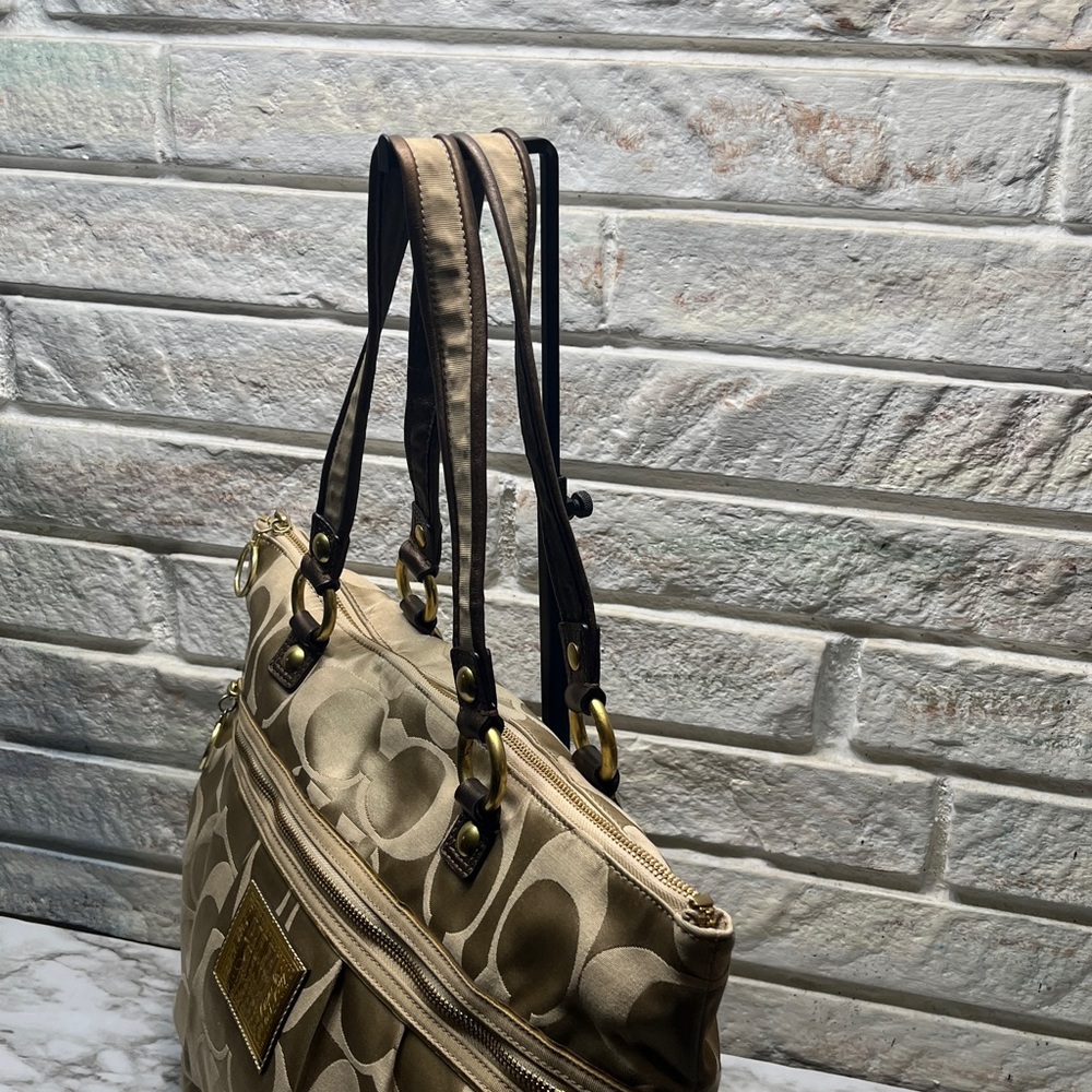 COACH GOLD BEIGE JACQUARD POPPY OP ART GLAM TOTE HANDBAG PURSE METALLIC - Picture 4 of 16